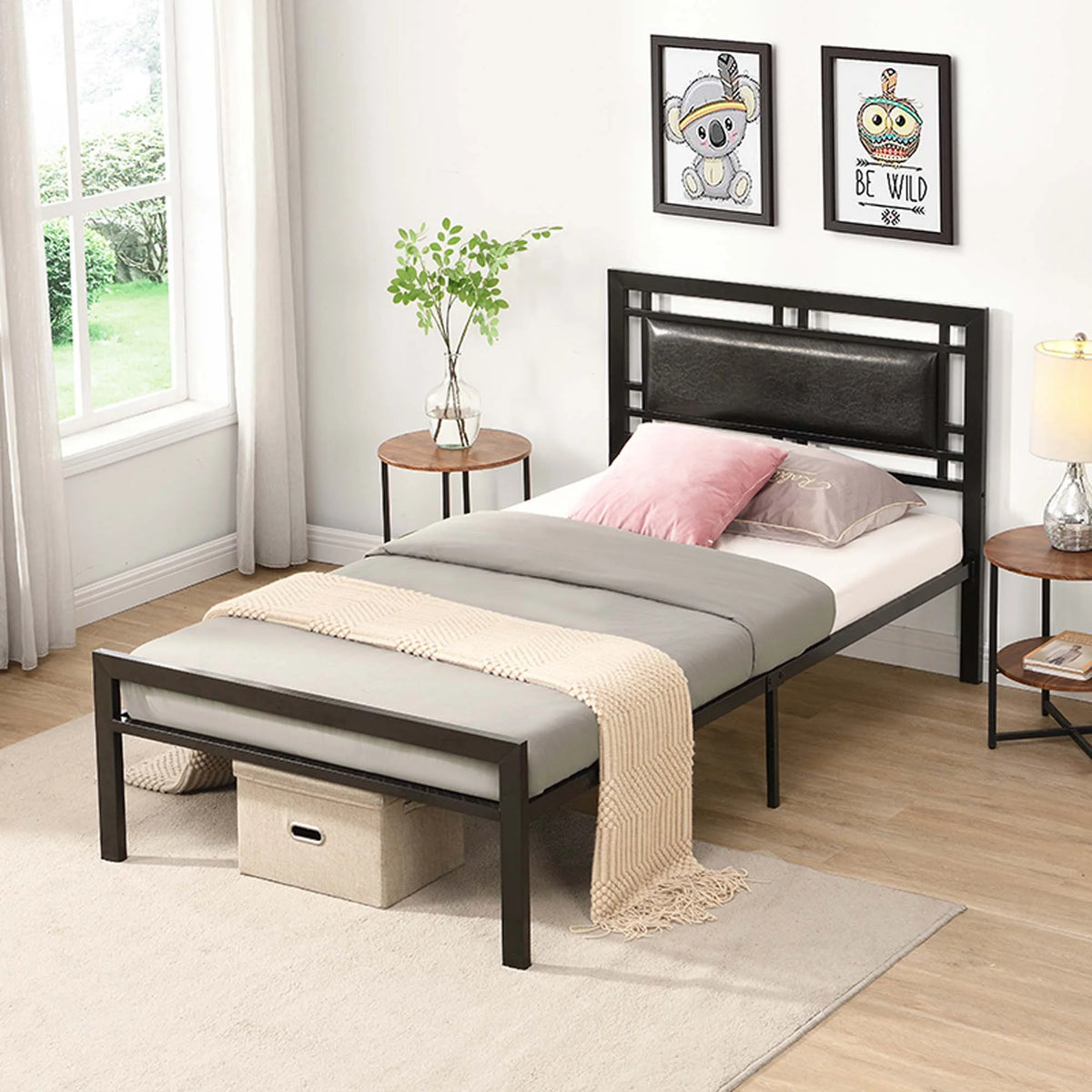 Black Metal Platform Twin Bed Frame with Headboard K2975