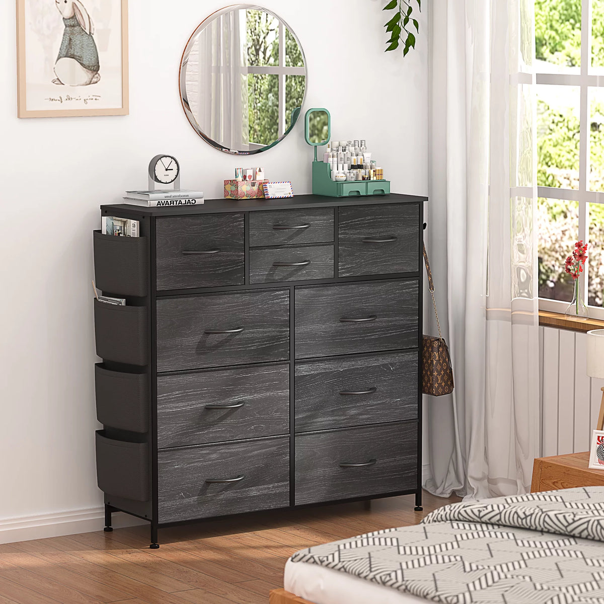 Black 10 Drawer Fabric Dresser with Wood Top G648669